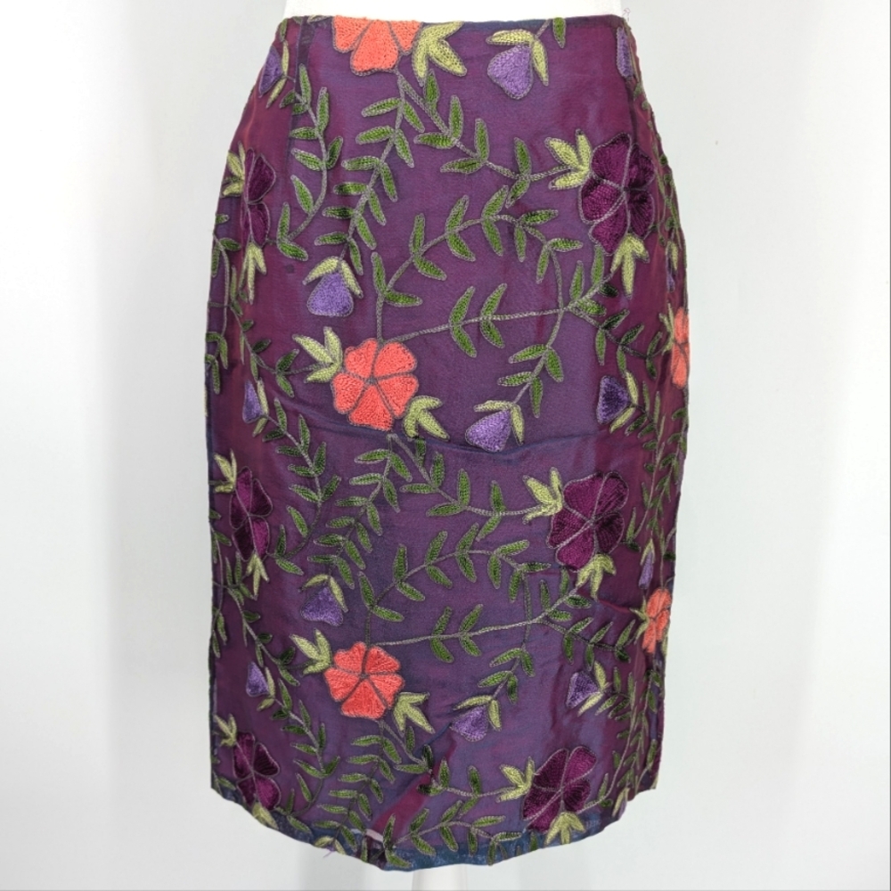 Vintage 90s Finity Studio 100% Silk Purple Floral Embroidered Pencil Skirt 10